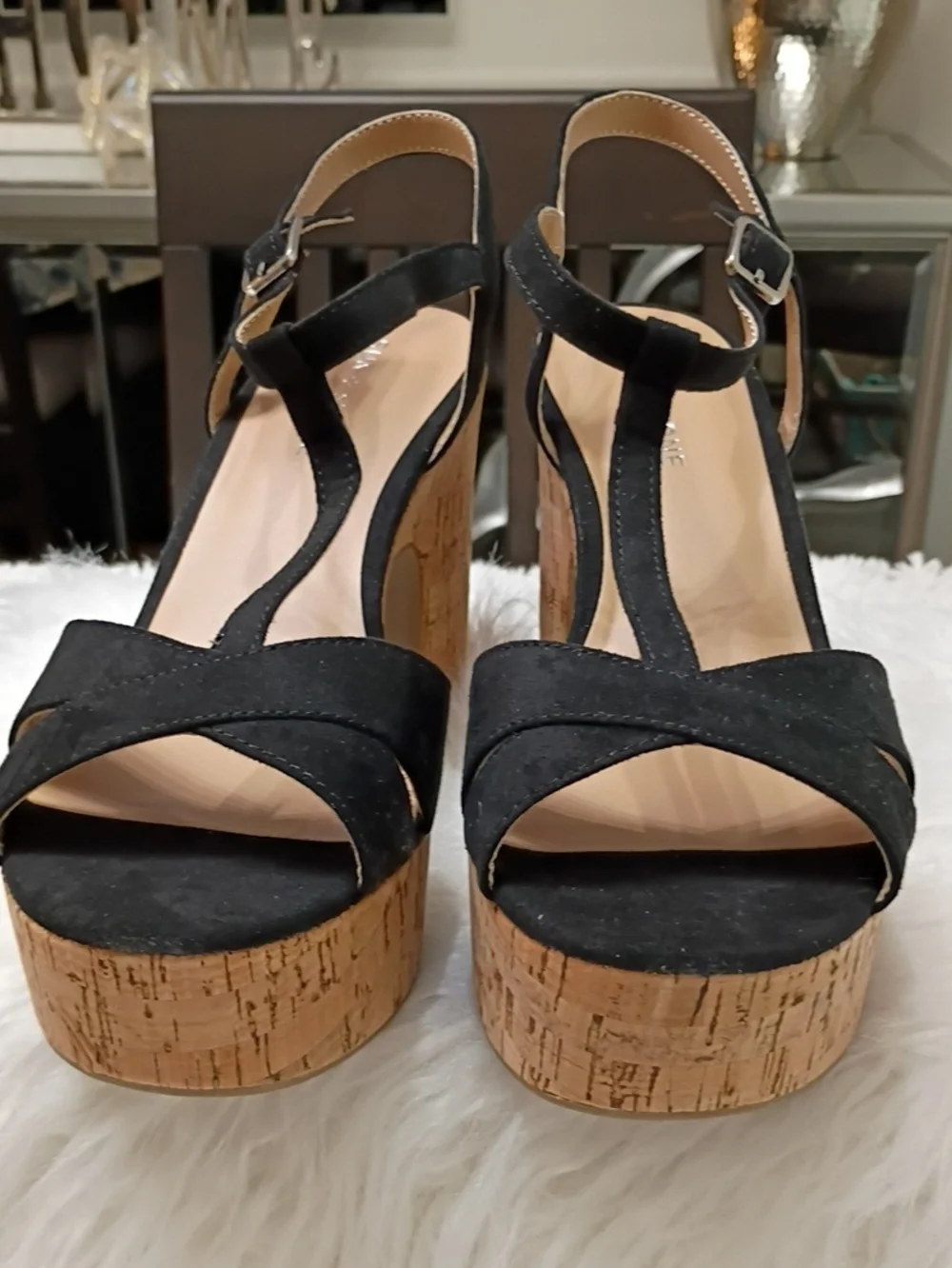 New Sun & Stone Julien Black Cork-Platform T-Strap Sandals - 10M